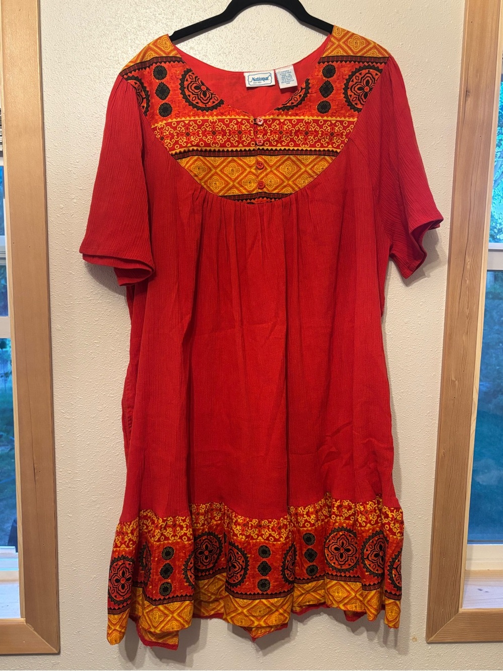 Vintage National Red Boho Midi Dress with Yellow Trim